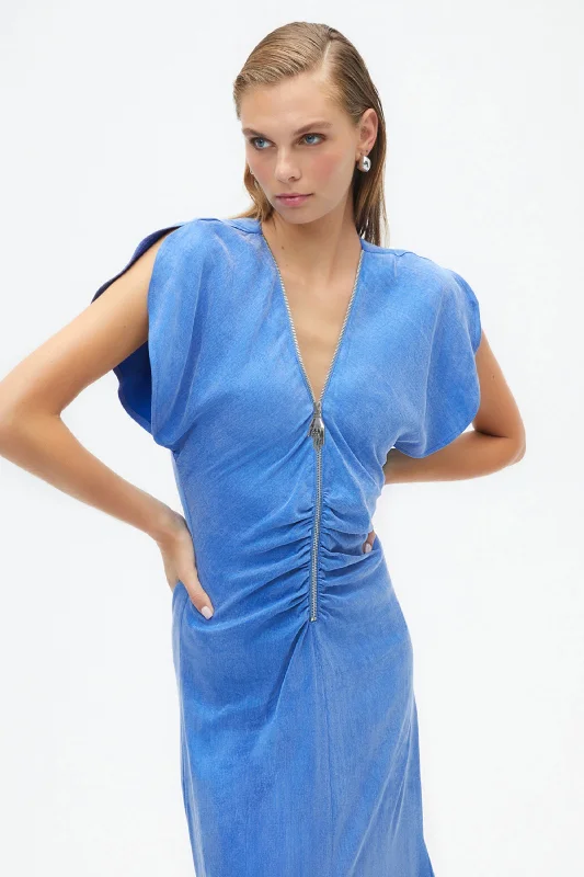 Royal Blue Draped V-Neck Dress One-shoulder unclassified dresses