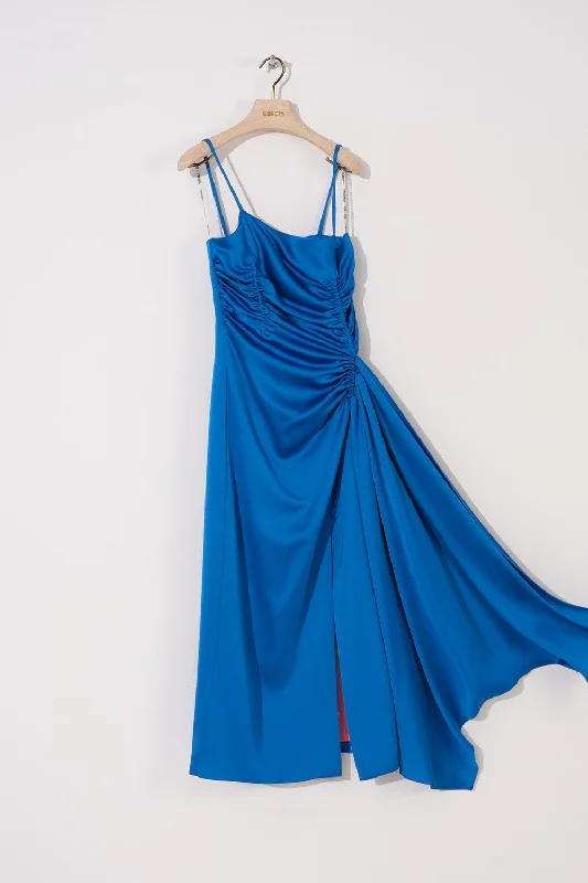 Sax Blue Slim Strappy Detailed Slit Mid Length Dress Tiered unclassified dresses