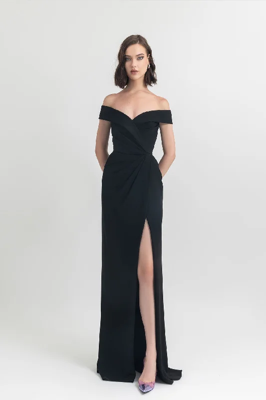 Side slit crepe off shoulder gown Smocked unclassified dresses