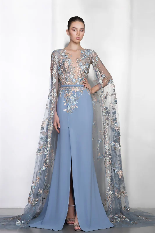 Side slit dress with embroidered cape Party unclassified dresses