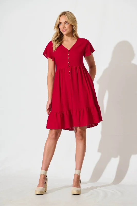 Similan Smock Dress in Red Linen Blend Velvet unclassified dresses