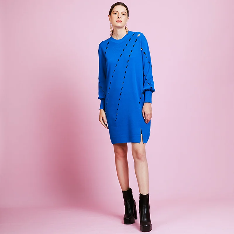 Siny Loose Cut Blue Knit Dress with Hole Detail Club unclassified dresses