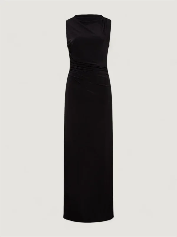 Slim Fit Sleeveless Dress with Gathered Collar - Black Open-back unclassified dresses