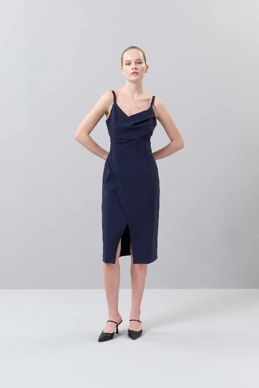 Strappy Asymmetric Dress with Drape Detail Navy Blue Smocked unclassified dresses