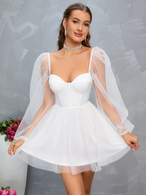 Sweetheart Neck Lantern Sleeve Mesh Overlay Bustier Dress Elegant unclassified dresses