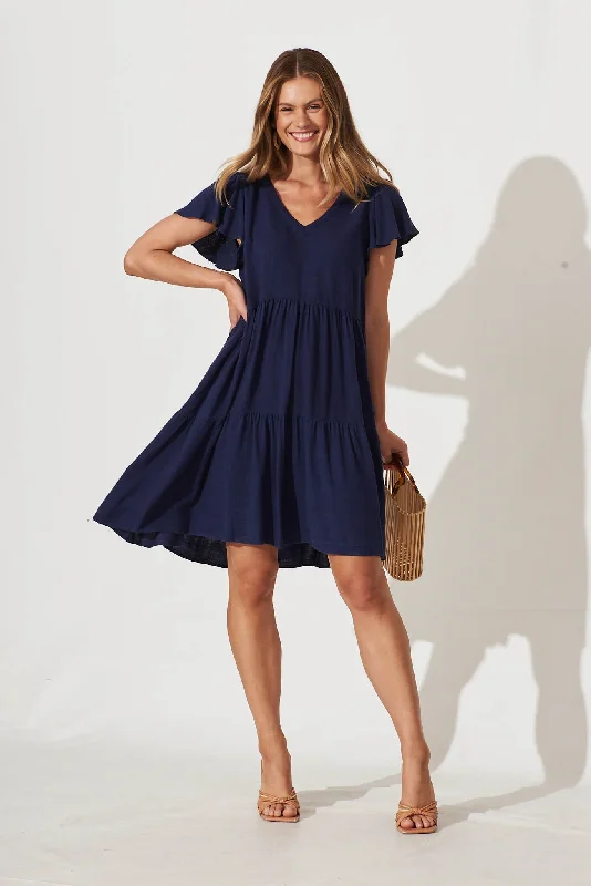 Tahiti Smock Dress In Navy Linen Blend Discounted unclassified dresses