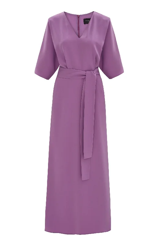 Purple V-Neck Dress with Waist Tie Casual unclassified dresses