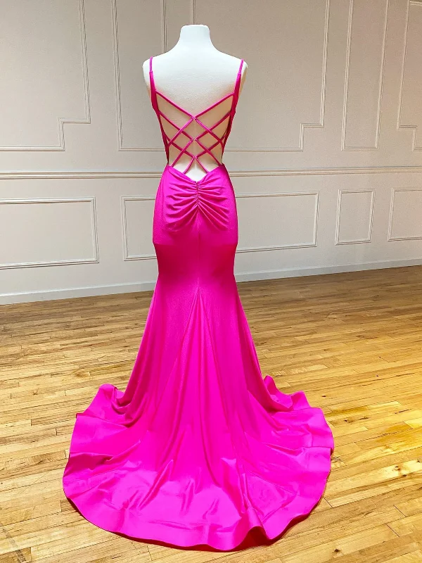 V Neck Mermaid Hot Pink Prom Dresses, Hot Pink Mermaid Backless Formal Evening Dresses Discounted unclassified dresses