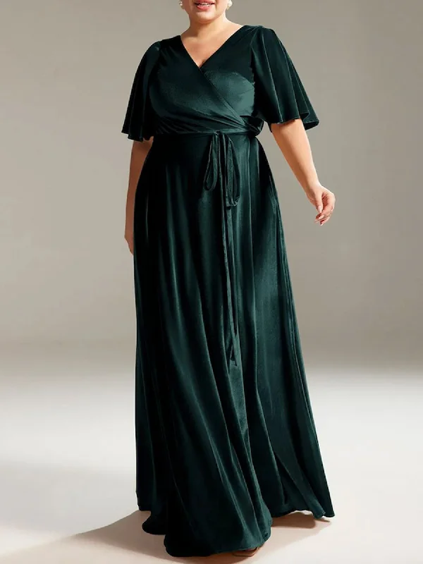 Velvet A-Line V-Neck Half Sleeves Bridesmaid Dress-MB13757 One-shoulder unclassified dresses