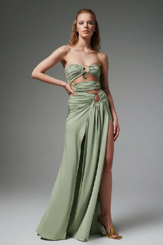 Vera Green Strapless Jersey Dress with Slits Satin unclassified dresses