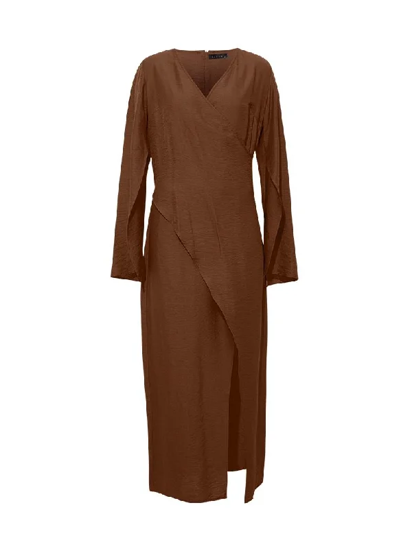 Wrap-over Casual Cut Dress - Brown Bright color unclassified dresses