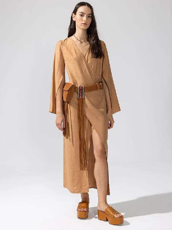 Wrap-over Casual Cut Dress - Camel Holiday unclassified dresses