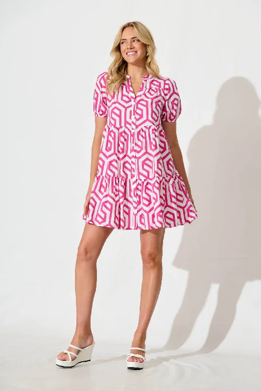 Yahaira Smock Dress in White with Pink Geometric Cotton Casual unclassified dresses