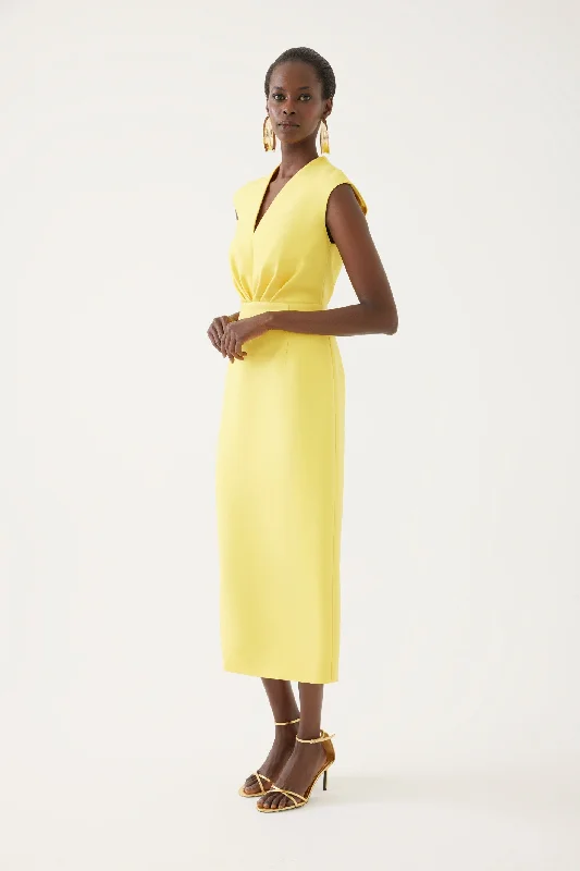 Yellow Sleveless V-Neck Rushed Dress Budget-friendly unclassified dresses