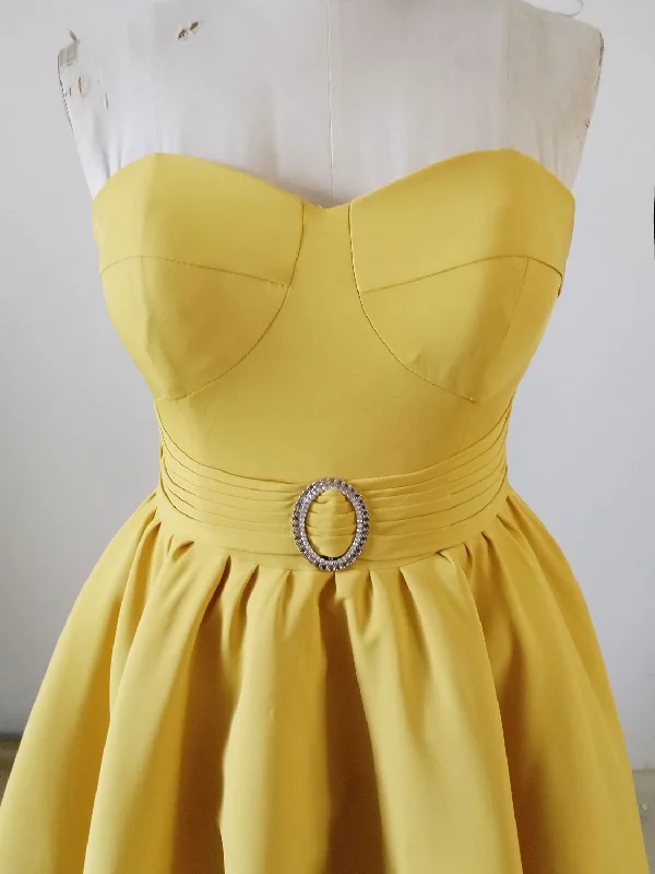 Yellow Sweetheart Neck Satin Tea Length Prom Dress, Yellow Formal Dress One-shoulder unclassified dresses