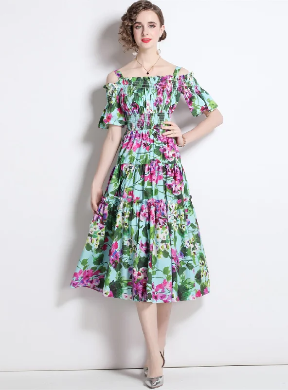 Bellflower Print Elastic Waist Sling Dress Cottagecore floral dresses