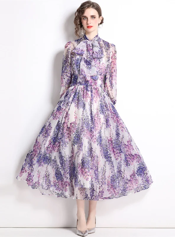 Bow Tie Collar Long Sleeve Waist Floral Chiffon Dress ASOS floral dresses