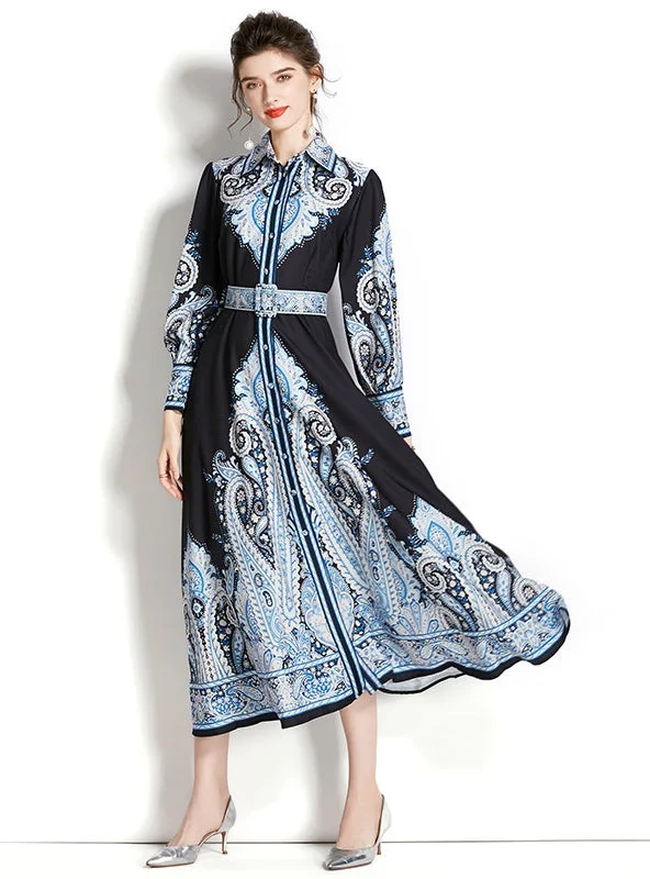 Long Sleeve Lapel Printed Long Dress New Year's Eve floral dresses