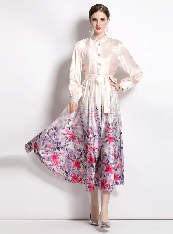 Long Sleeve Satin Vintage Printed Dress Flowy floral dresses