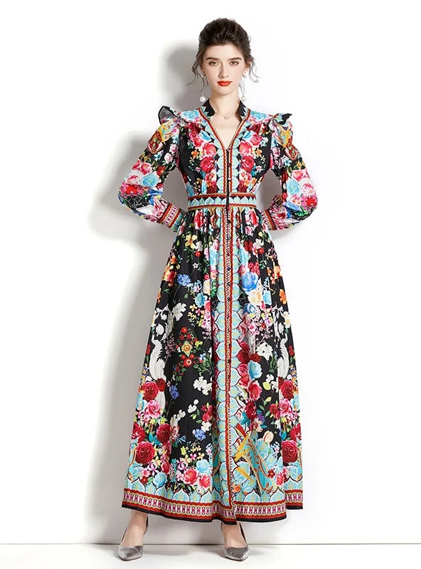 Long-sleeved Lantern Sleeve Printing Dress Best floral dresses for beach vacations