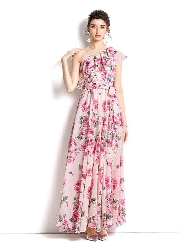 One-shoulder Ruffled Printed Dress Vintage floral dresses