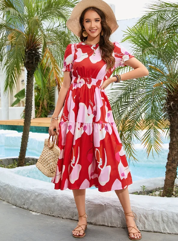 Printed Bohemian Short-sleeved Ruffled Dress Midi floral dresses