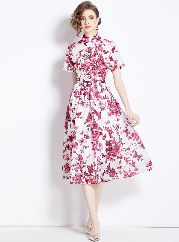 Printed Butterfly Short Sleeve Slim Dress Retro floral dresses