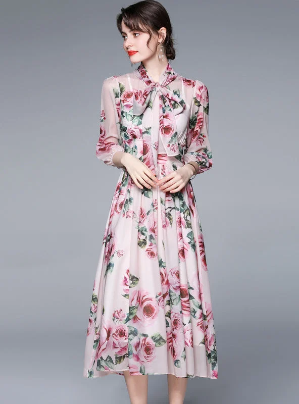 Printed Lantern Sleeve Slim Chiffon Dress Luxury floral dresses