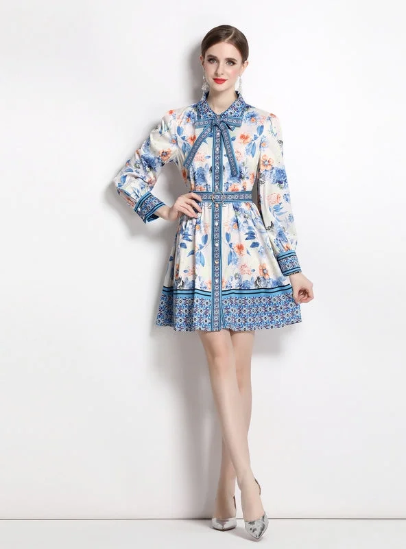 Printed Retro Lapel Lantern Sleeve Dress Lace floral dresses