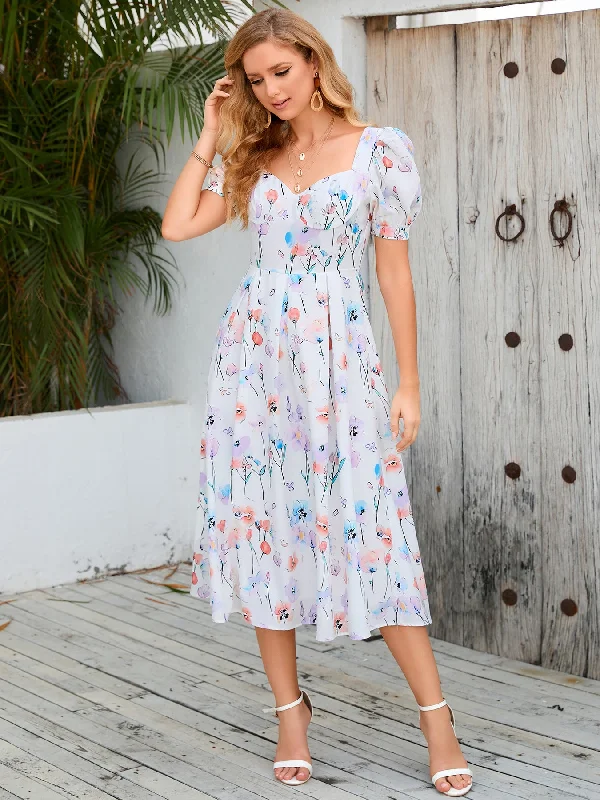 Retro Floral Bubble Sleeve Dress Cheap floral dresses