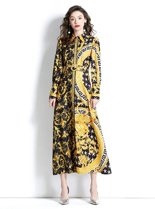 Retro Lapel Lantern Sleeve Long Printed Dress Party floral dresses