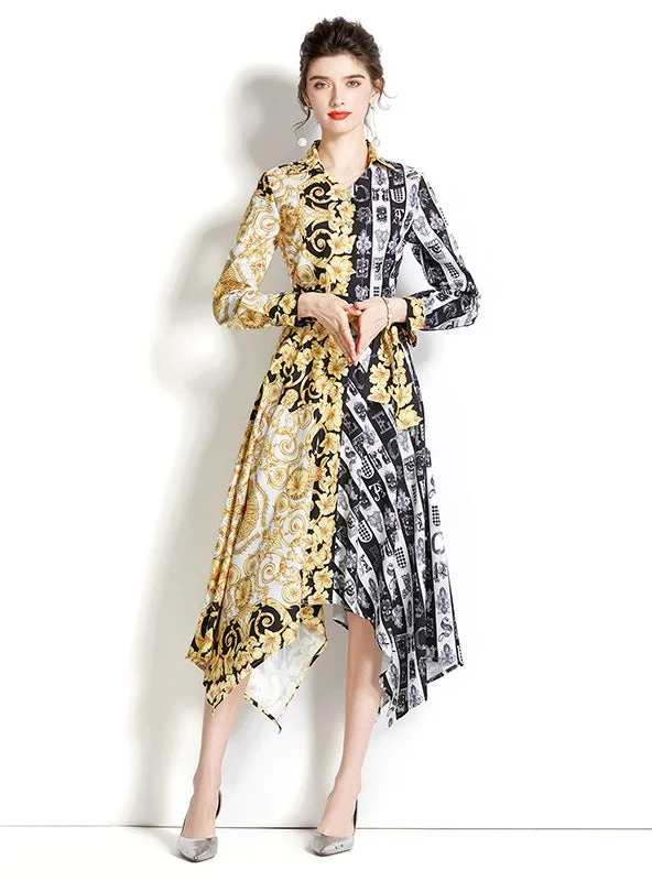 Retro Long Sleeve Color Printed Irregular Dress Cute floral print summer dresses