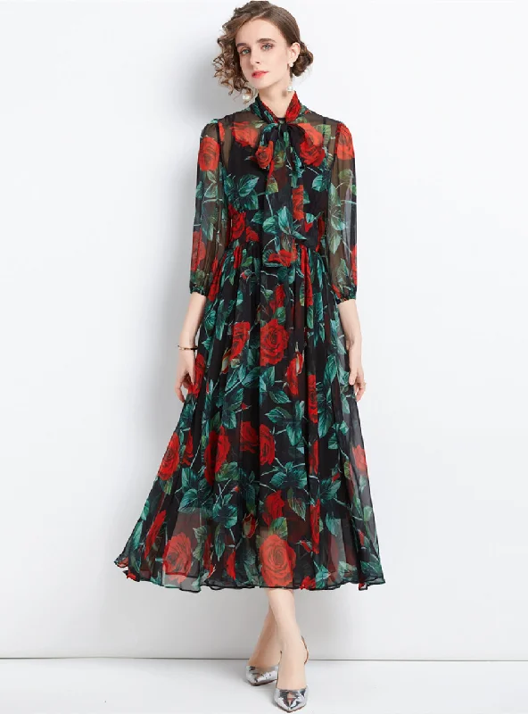 Rose Printed Slim Long Sleeve Chiffon Dress Best floral dresses for elegant looks