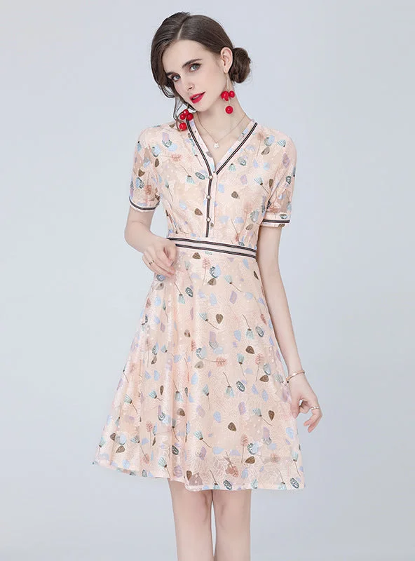 V-neck Floral Short Sleeve Chiffon Print Dress Best floral dresses for hourglass body shape