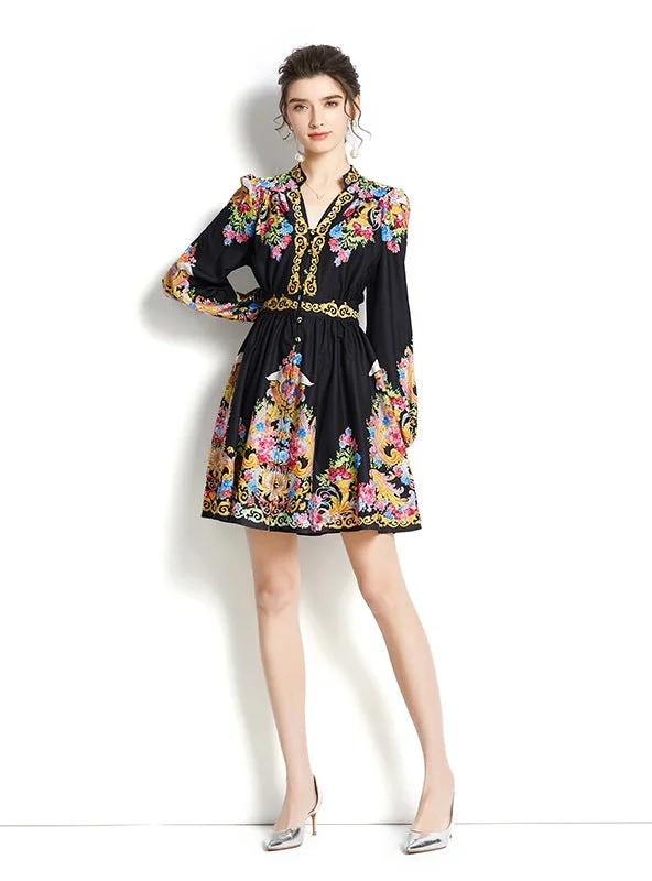 V-neck Lantern Sleeve Printed Short Dress Zara floral dresses