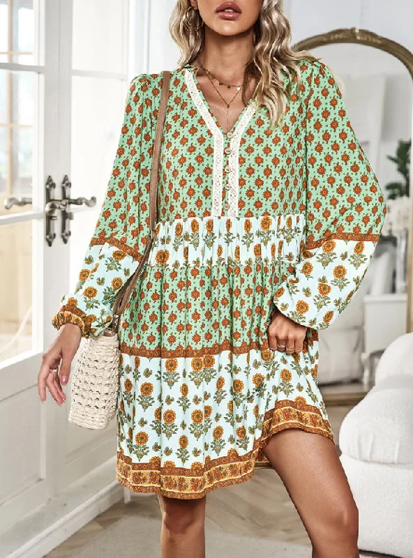 Vacation and Leisure Bohemian Long Sleeve Print Dress Wedding guest floral dresses