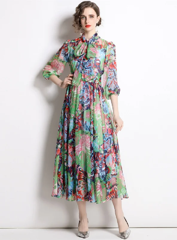 Women Collar Long Sleeve Print Dress Birthday floral dresses