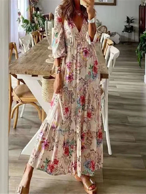 Women's Dresses Bohemian Print 3/4 Sleeve Chiffon Dress Chiffon floral dresses