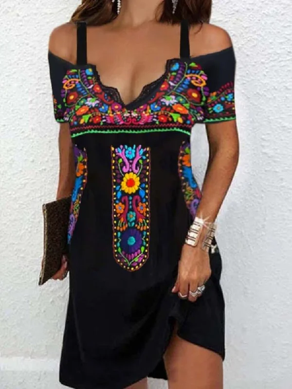 Women's Dresses Bohemian Print Sling V-Neck Short Sleeve Dress Best floral dresses for petites