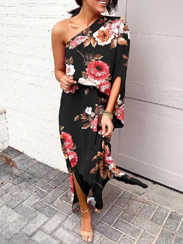 Women's Dresses One Shoulder Slit Print Dress Women's floral dresses