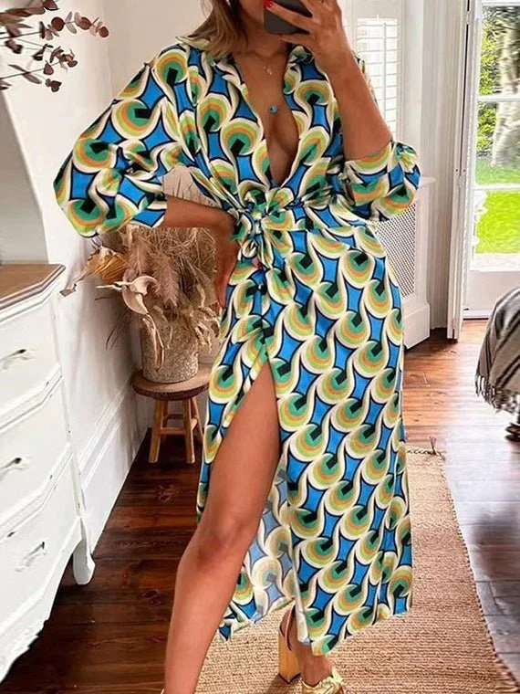 Women's Dresses Printed Lapel Tie Long Sleeve Slit Dress Short floral dresses