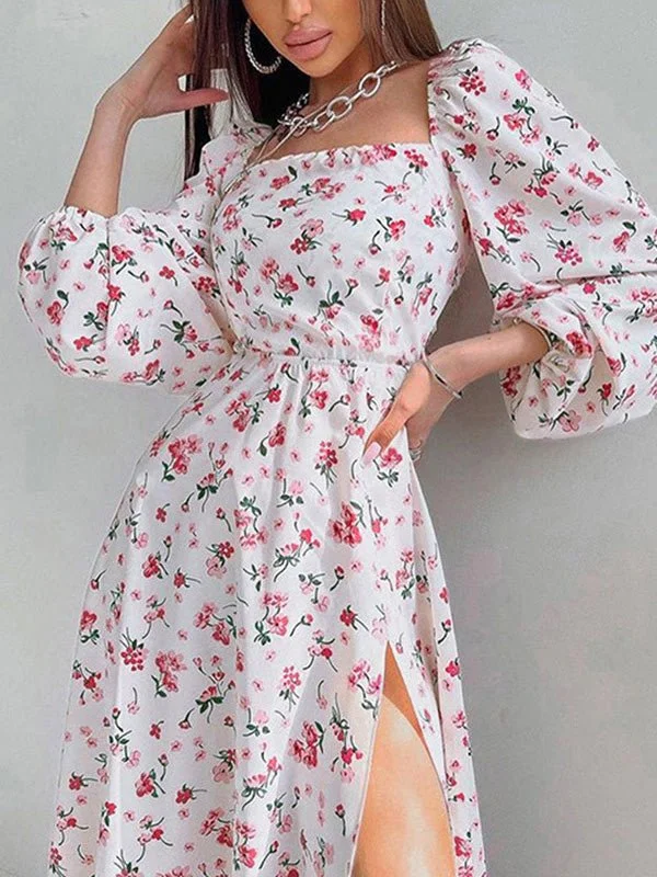 Women's Dresses Square Neck Balloon Sleeve Printed Slit Dress Cute floral print summer dresses