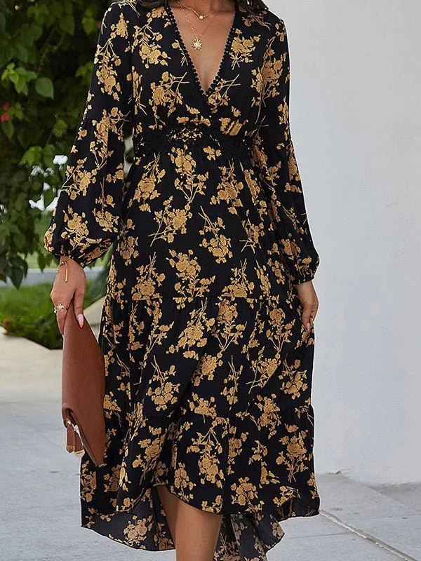 Women's Dresses V-Neck Vintage Print Long Sleeve Dress Graduation floral dresses