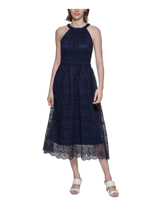 CALVIN KLEIN Womens Navy Zippered Textured Lace Lined Smocked Scalloped Sleeveless Halter Tea-Length Fit + Flare Dress Ruffled Lace Gown