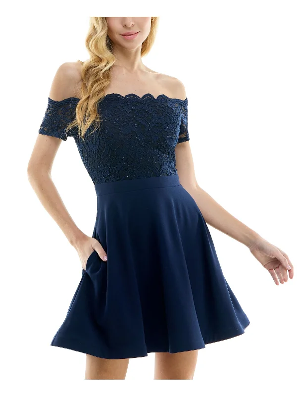 CITY STUDIO Womens Navy Scalloped Pocketed Lace Bodice Zippered Short Sleeve Off Shoulder Short Party Fit + Flare Dress Lace Dress Fashion