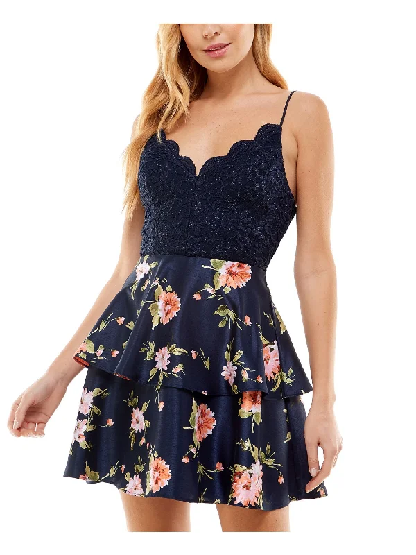 CITY STUDIO Womens Navy Zippered Scalloped Padded Bust Lace Ruffled Floral Spaghetti Strap V Neck Short Party Fit + Flare Dress Tiered Lace Dress