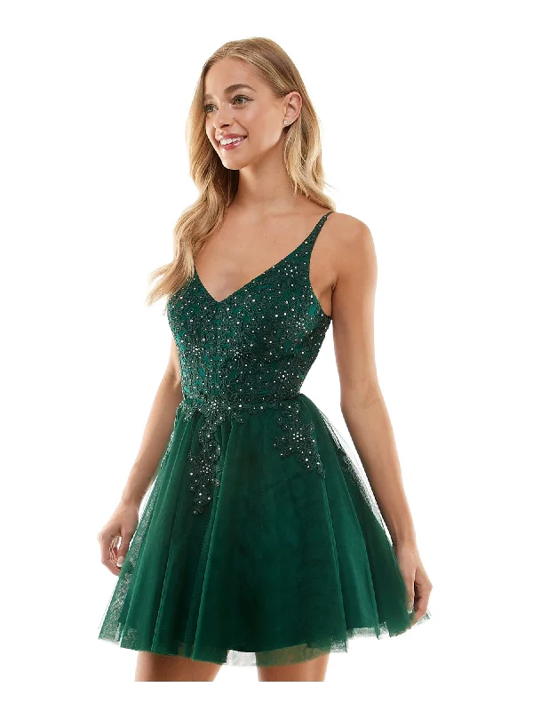 SAY YES TO THE PROM Womens Green Zippered Rhinestone Lace Up Back Lined Tulle Padded Floral Spaghetti Strap V Neck Short Formal Fit + Flare Dress Flowy Lace Dress