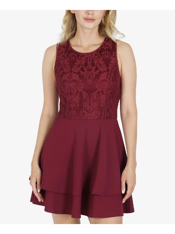 SPEECHLESS Womens Maroon Stretch Pocketed Zippered Lace Top Tiered Flounce Hem Sleeveless Jewel Neck Short Party Fit + Flare Dress Lace Party Dress