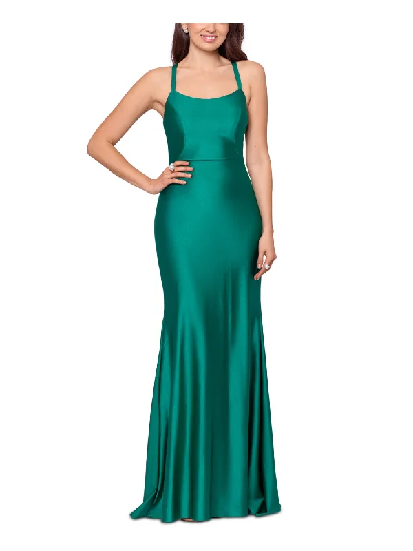 XSCAPE Womens Green Zippered Lined Lace-up Back Sleeveless Scoop Neck Full-Length Formal Gown Dress Lace Detail Dress