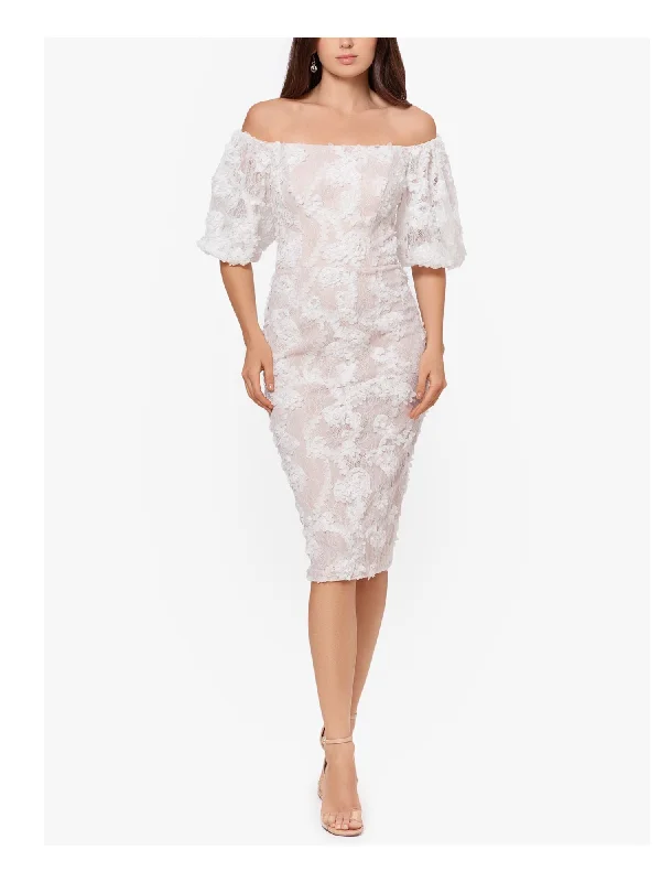 XSCAPE Womens Ivory Stretch Lace Zippered Embellished Elbow Sleeve Off Shoulder Below The Knee Party Sheath Dress Ruffled Lace Dress